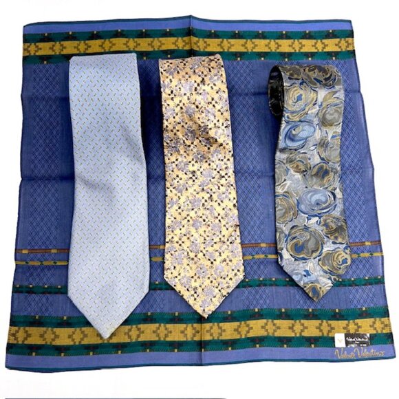 Set:3 Neckties Valentino-Luciano-Ermenegildo +1 Vlentino Handkerchief Blue (59) - Picture 3 of 13